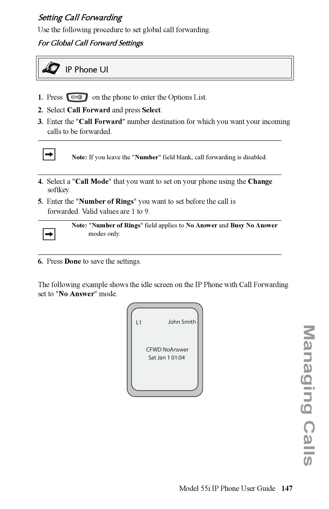 Aastra Telecom 55i IP Phone manual Setting Call Forwarding, For Global Call Forward Settings 