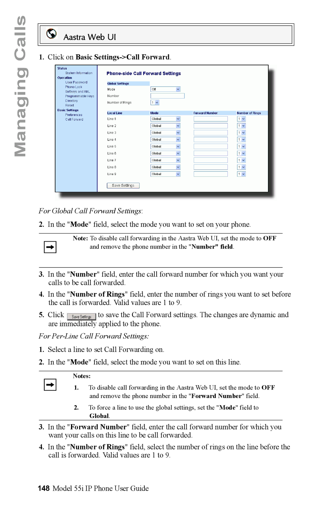 Aastra Telecom 55i IP Phone manual Click on Basic Settings-Call Forward, For Global Call Forward Settings 