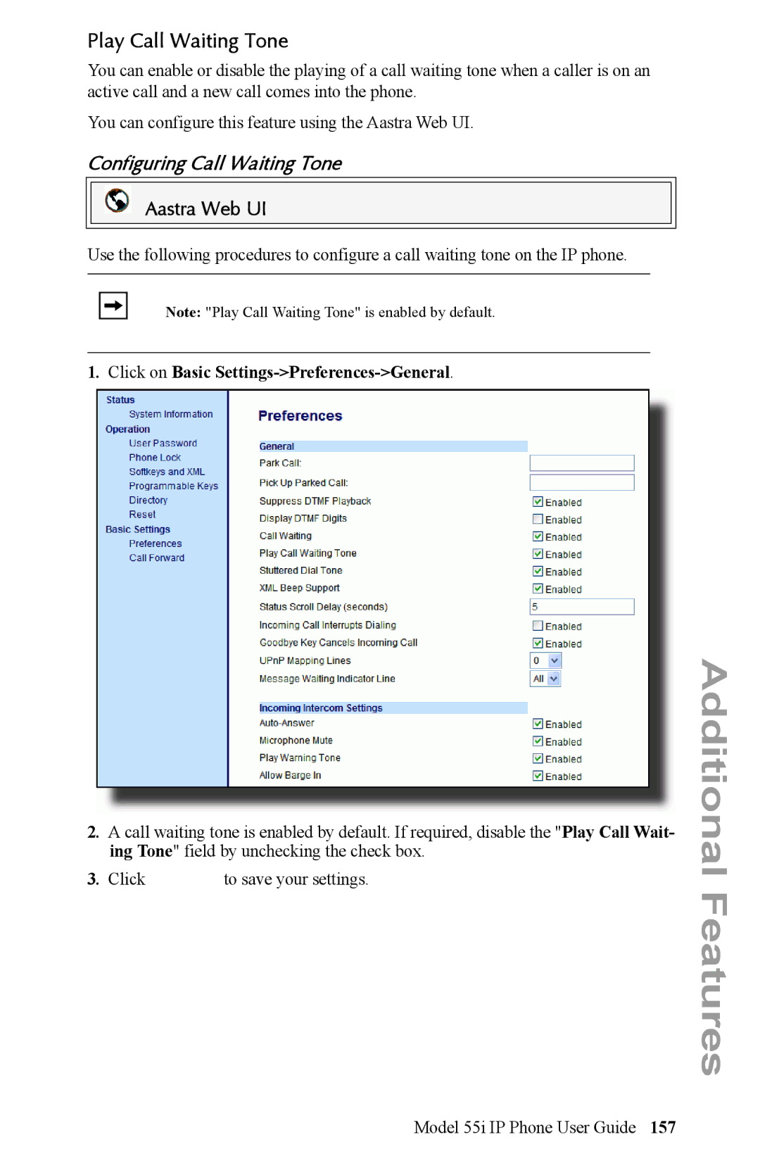 Aastra Telecom 55i IP Phone manual Play Call Waiting Tone, Configuring Call Waiting Tone 