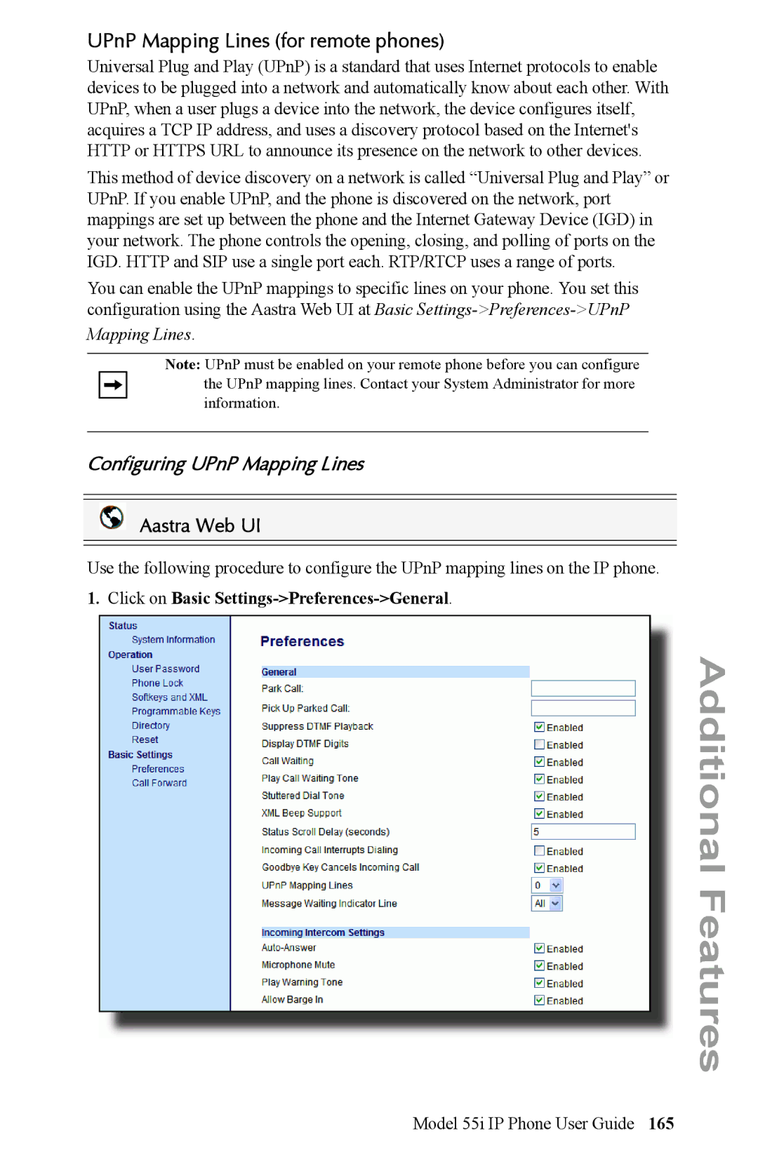 Aastra Telecom 55i IP Phone manual UPnP Mapping Lines for remote phones, Configuring UPnP Mapping Lines 