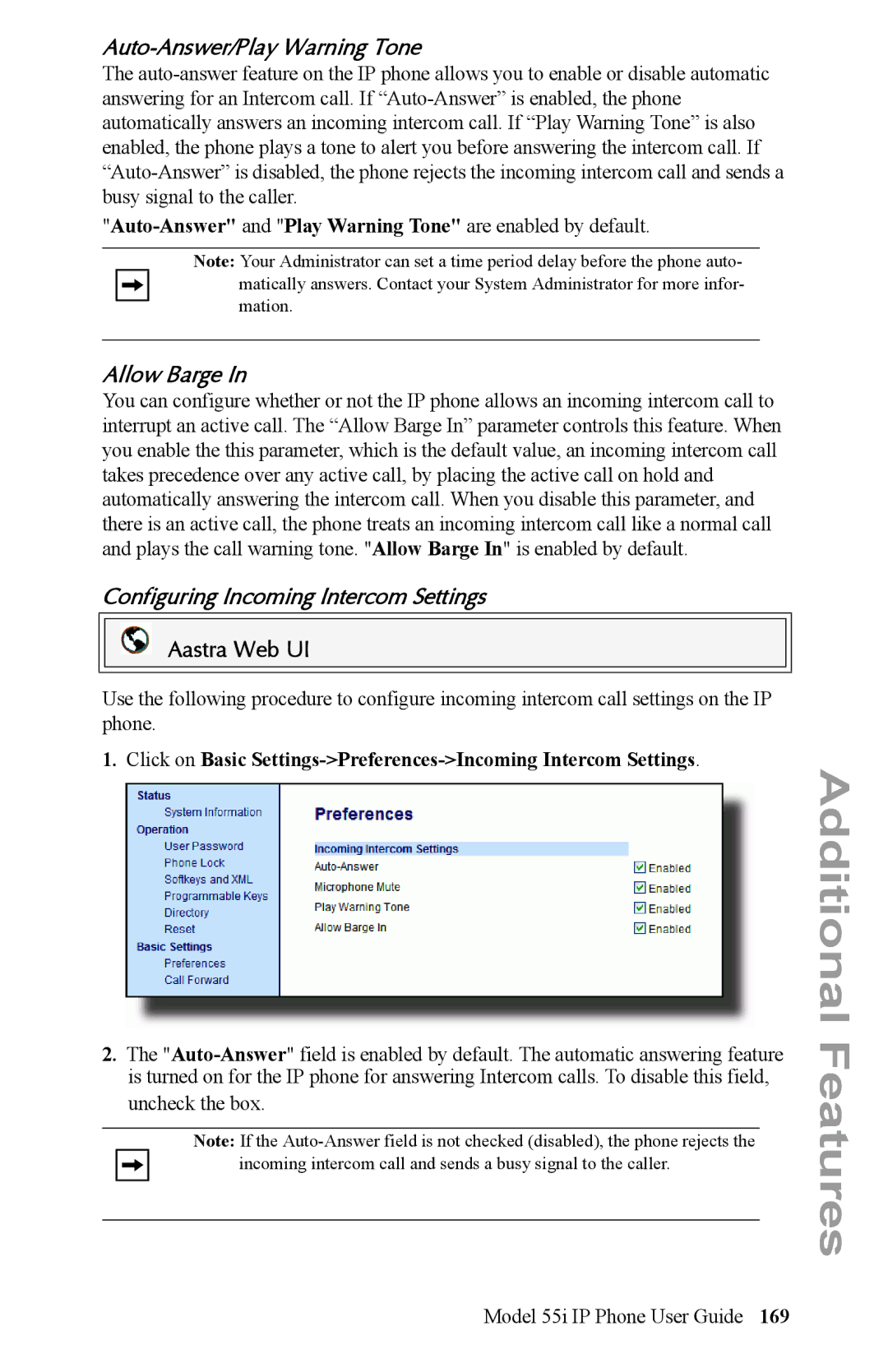 Aastra Telecom 55i IP Phone manual Auto-Answer/Play Warning Tone, Allow Barge, Configuring Incoming Intercom Settings 