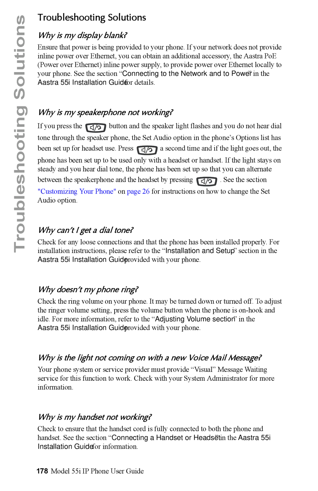 Aastra Telecom 55i IP Phone manual Troubleshooting Solutions 