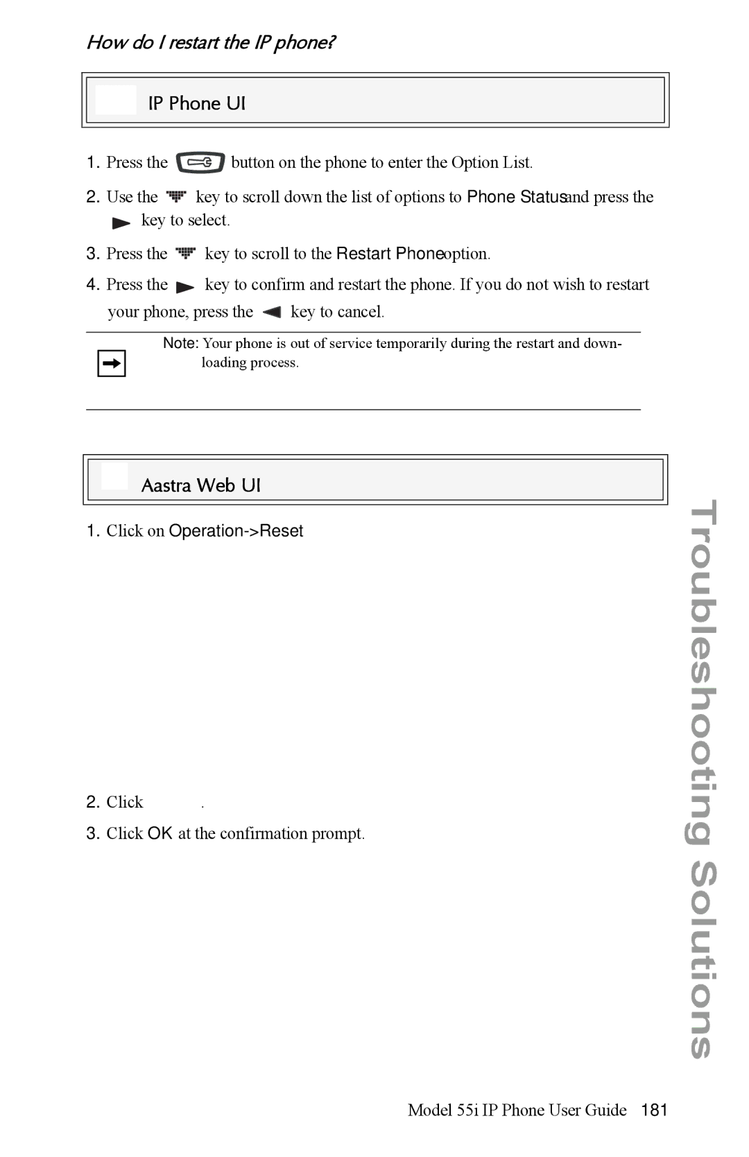 Aastra Telecom 55i IP Phone manual How do I restart the IP phone?, Click on Operation-Reset 