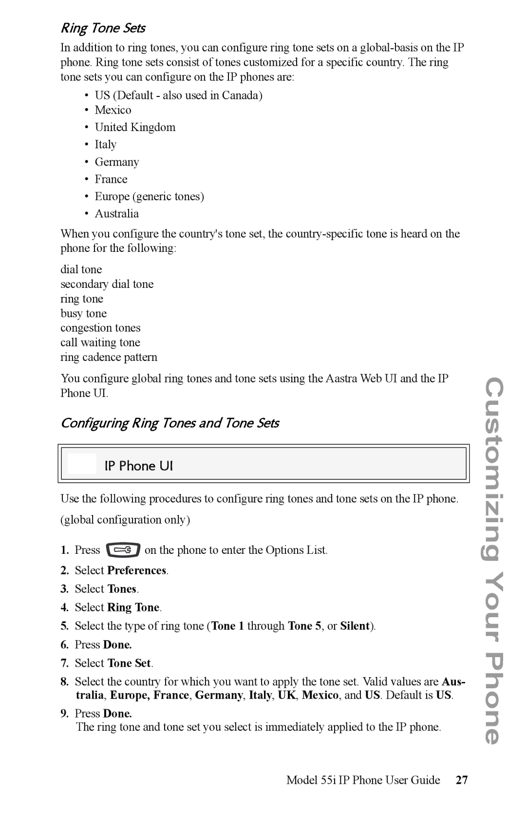 Aastra Telecom 55i IP Phone Ring Tone Sets, Configuring Ring Tones and Tone Sets, Select Preferences, Select Ring Tone 