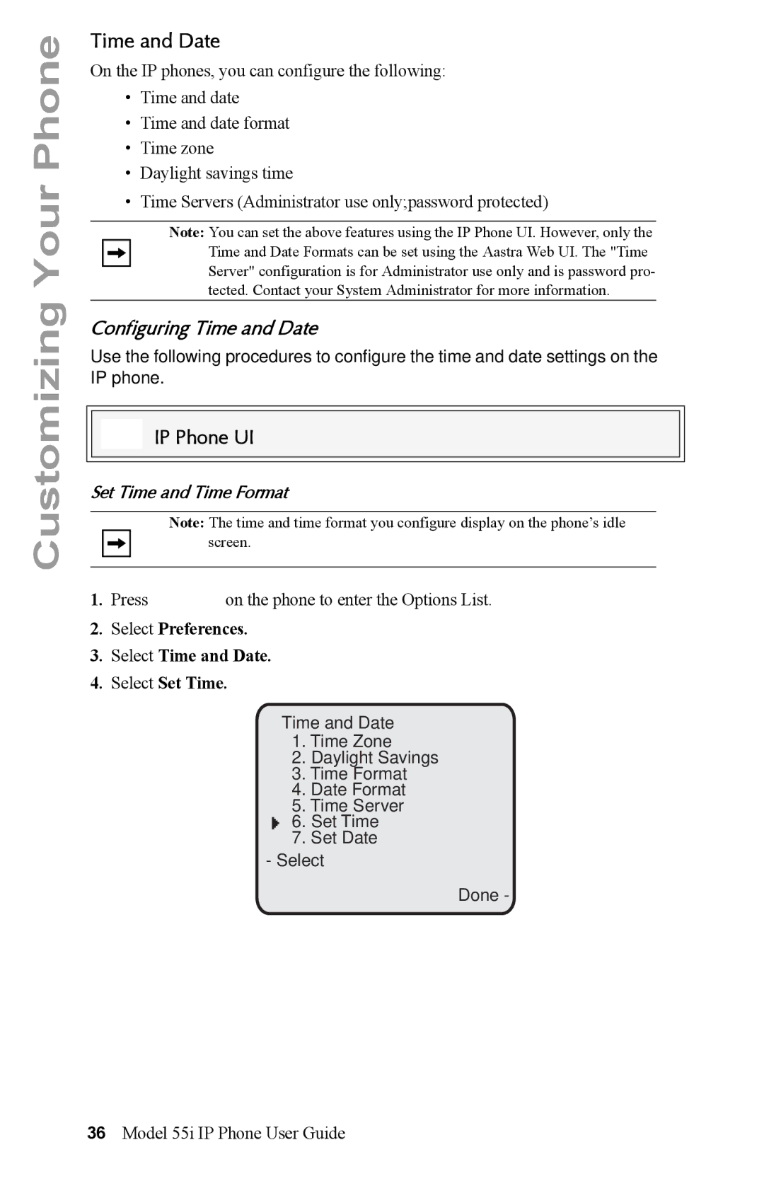 Aastra Telecom 55i IP Phone manual Configuring Time and Date, Set Time and Time Format 