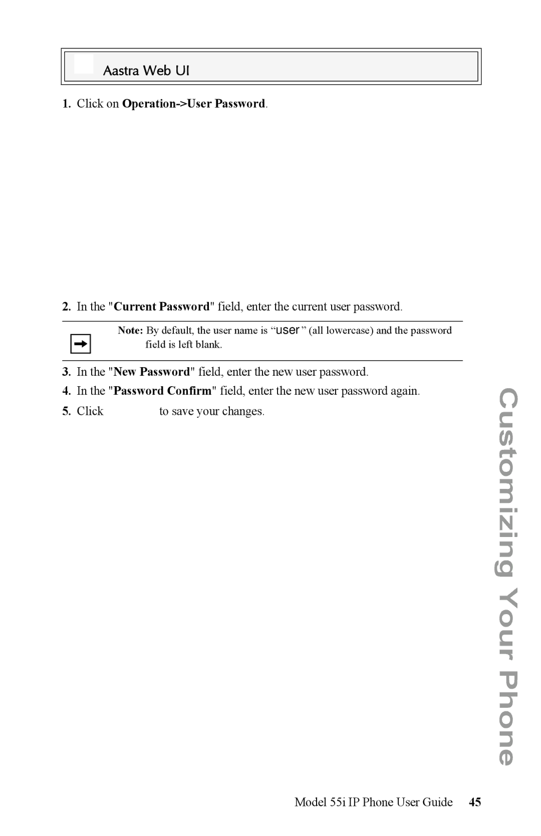 Aastra Telecom 55i IP Phone manual Click on Operation-User Password 