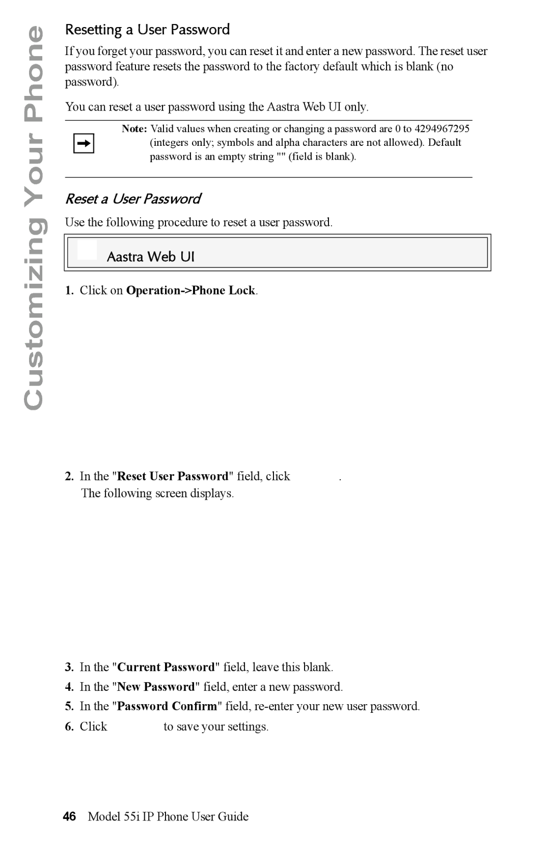 Aastra Telecom 55i IP Phone manual Resetting a User Password, Reset a User Password, Click on Operation-Phone Lock 