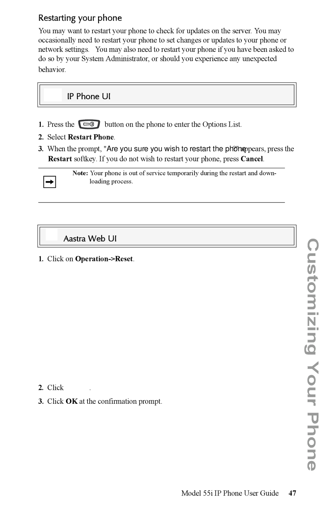 Aastra Telecom 55i IP Phone manual Restarting your phone, Select Restart Phone, Click on Operation-Reset 