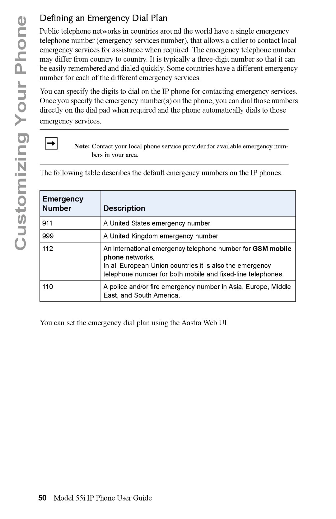 Aastra Telecom 55i IP Phone manual Defining an Emergency Dial Plan, Emergency Number Description 