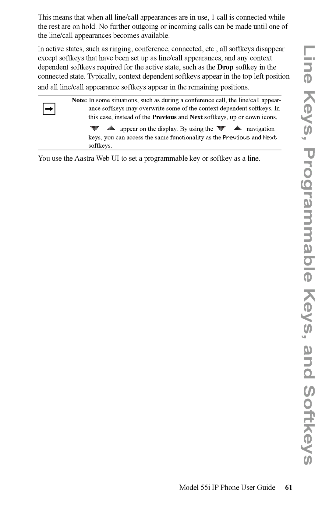 Aastra Telecom 55i IP Phone manual Line Keys, Programmable Keys, and Softkeys 