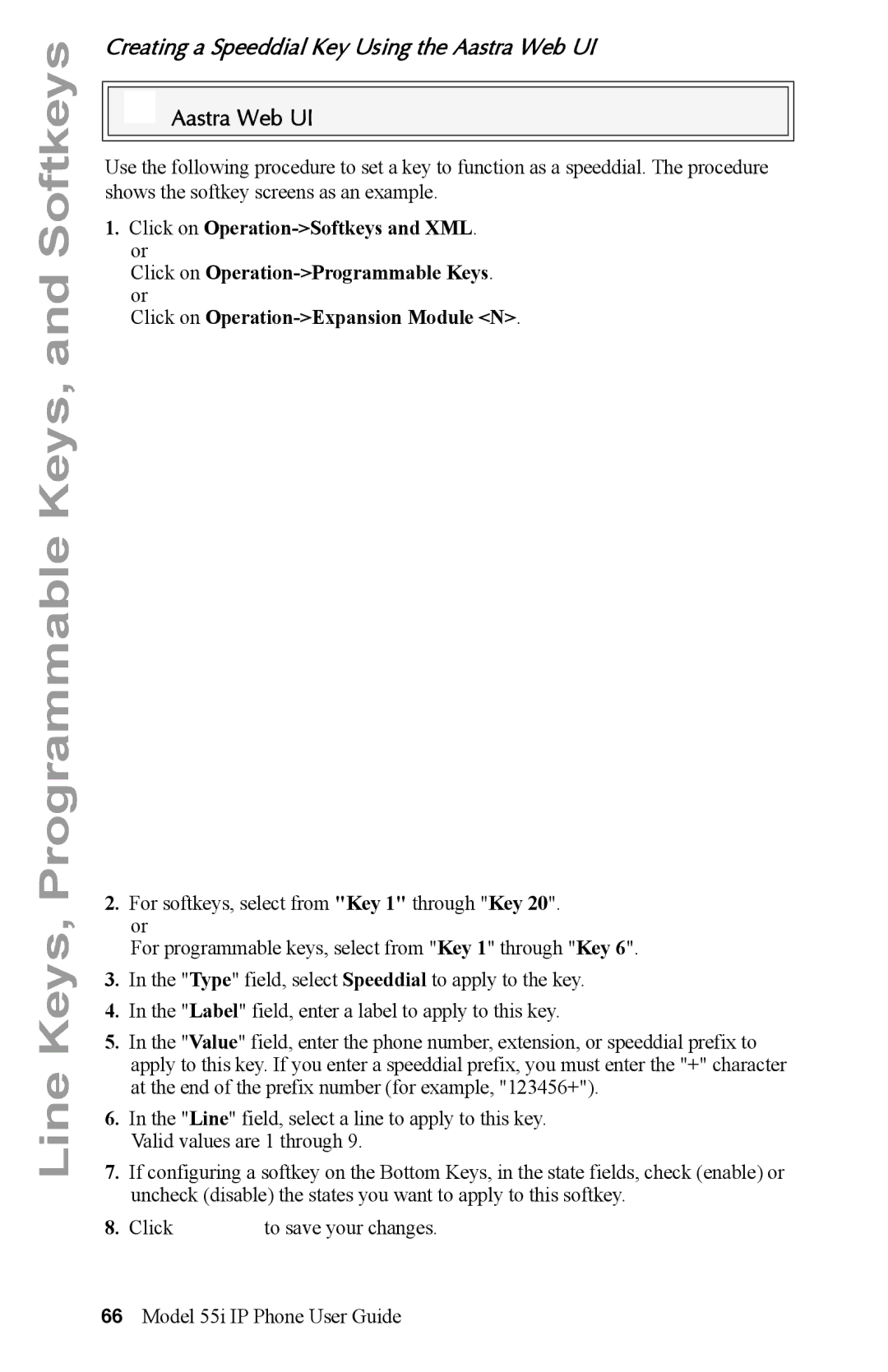 Aastra Telecom 55i IP Phone manual Creating a Speeddial Key Using the Aastra Web UI 