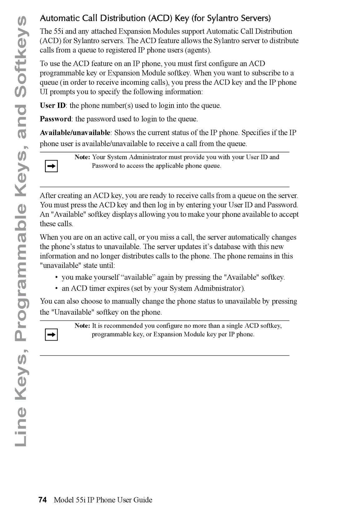 Aastra Telecom 55i IP Phone manual Automatic Call Distribution ACD Key for Sylantro Servers 