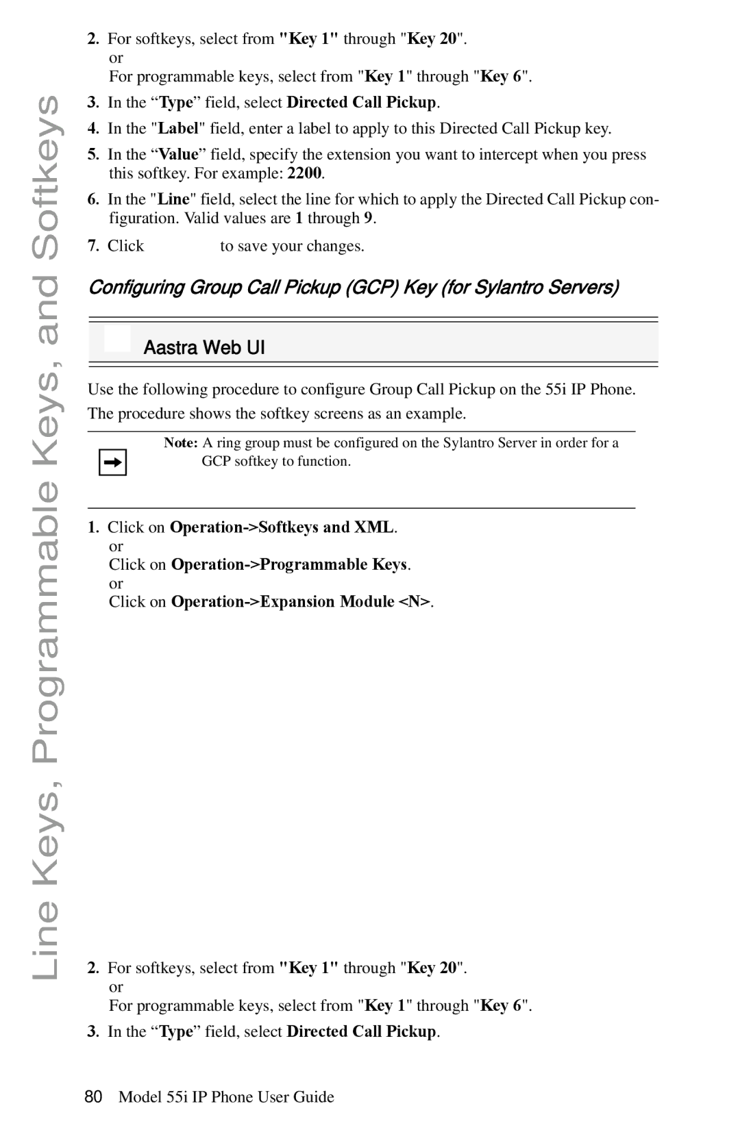 Aastra Telecom 55i IP Phone manual Configuring Group Call Pickup GCP Key for Sylantro Servers 