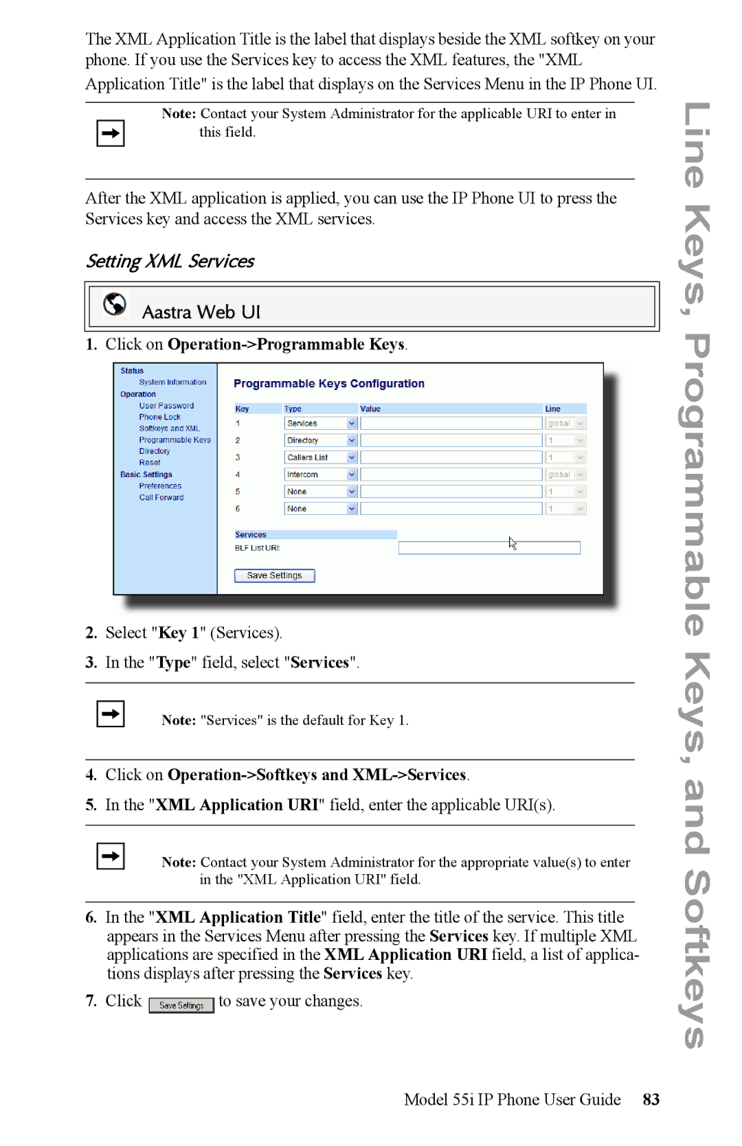 Aastra Telecom 55i IP Phone manual Setting XML Services, Click on Operation-Programmable Keys 