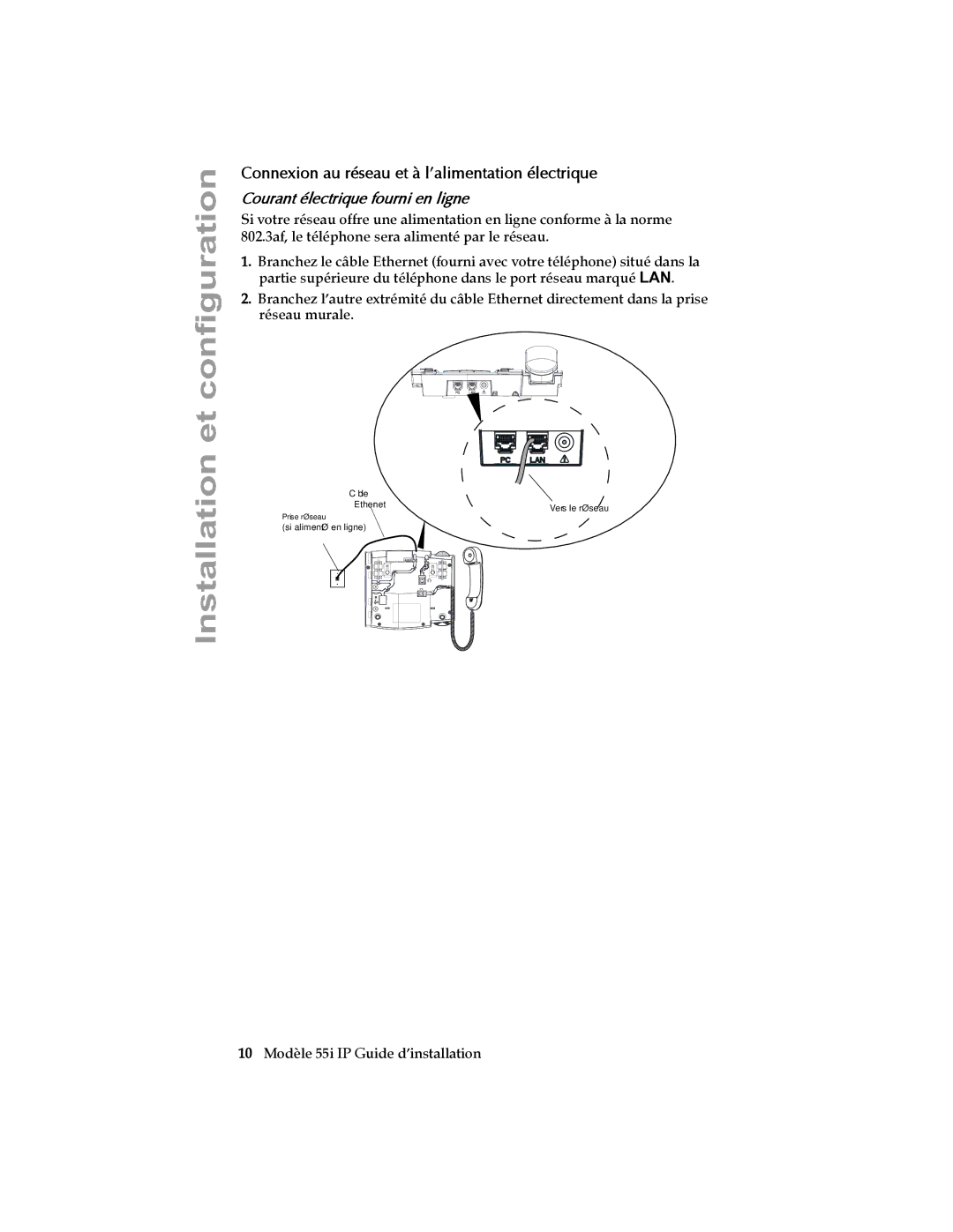 Aastra Telecom 55I IP manual Connexion au réseau et à l’alimentation électrique, Courant électrique fourni en ligne 