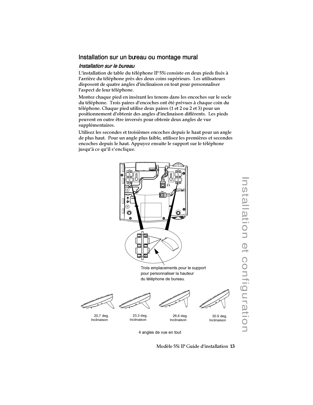 Aastra Telecom 55I IP manual Installation sur un bureau ou montage mural, Installation sur le bureau 