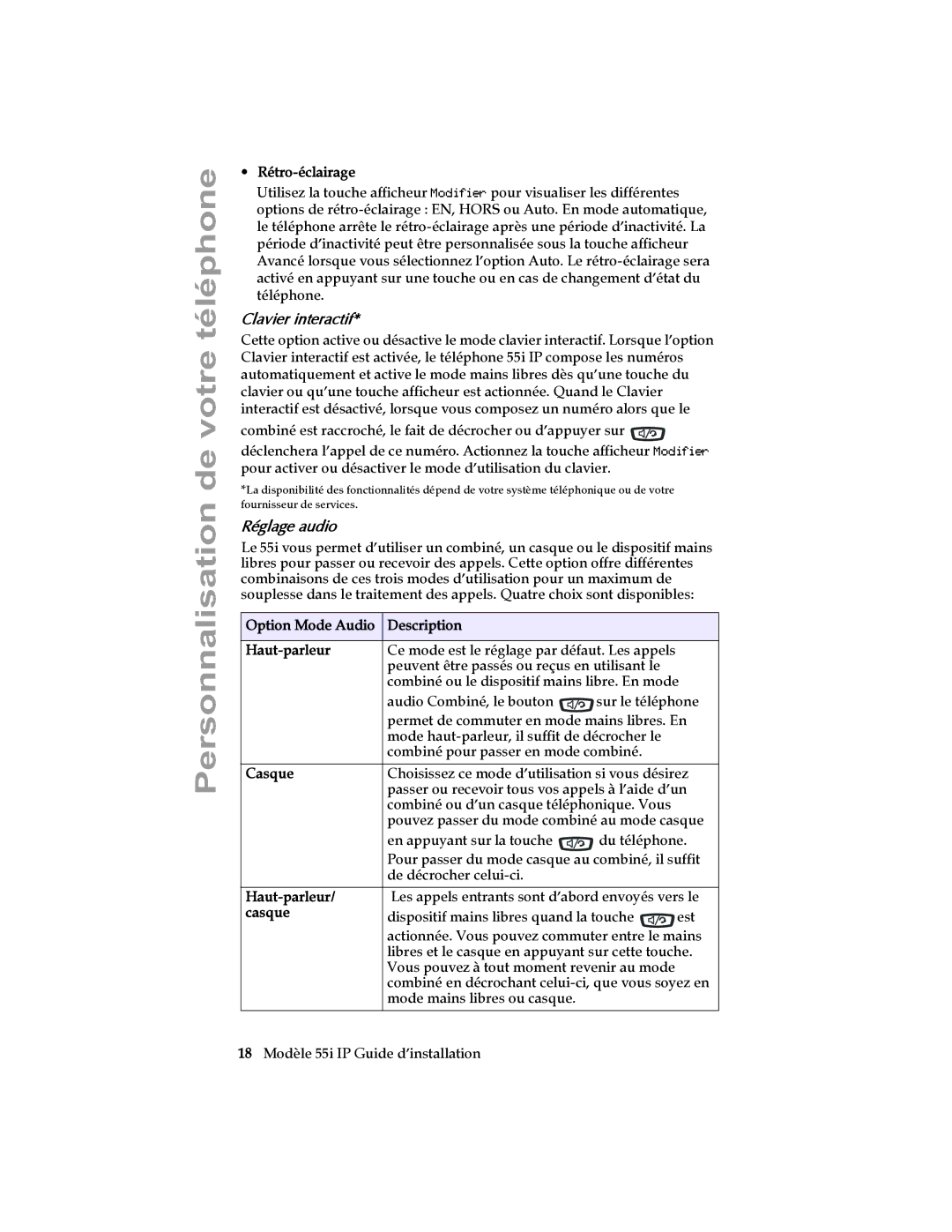 Aastra Telecom 55I IP manual Clavier interactif, Réglage audio, Rétro-éclairage, Option Mode Audio Description Haut-parleur 