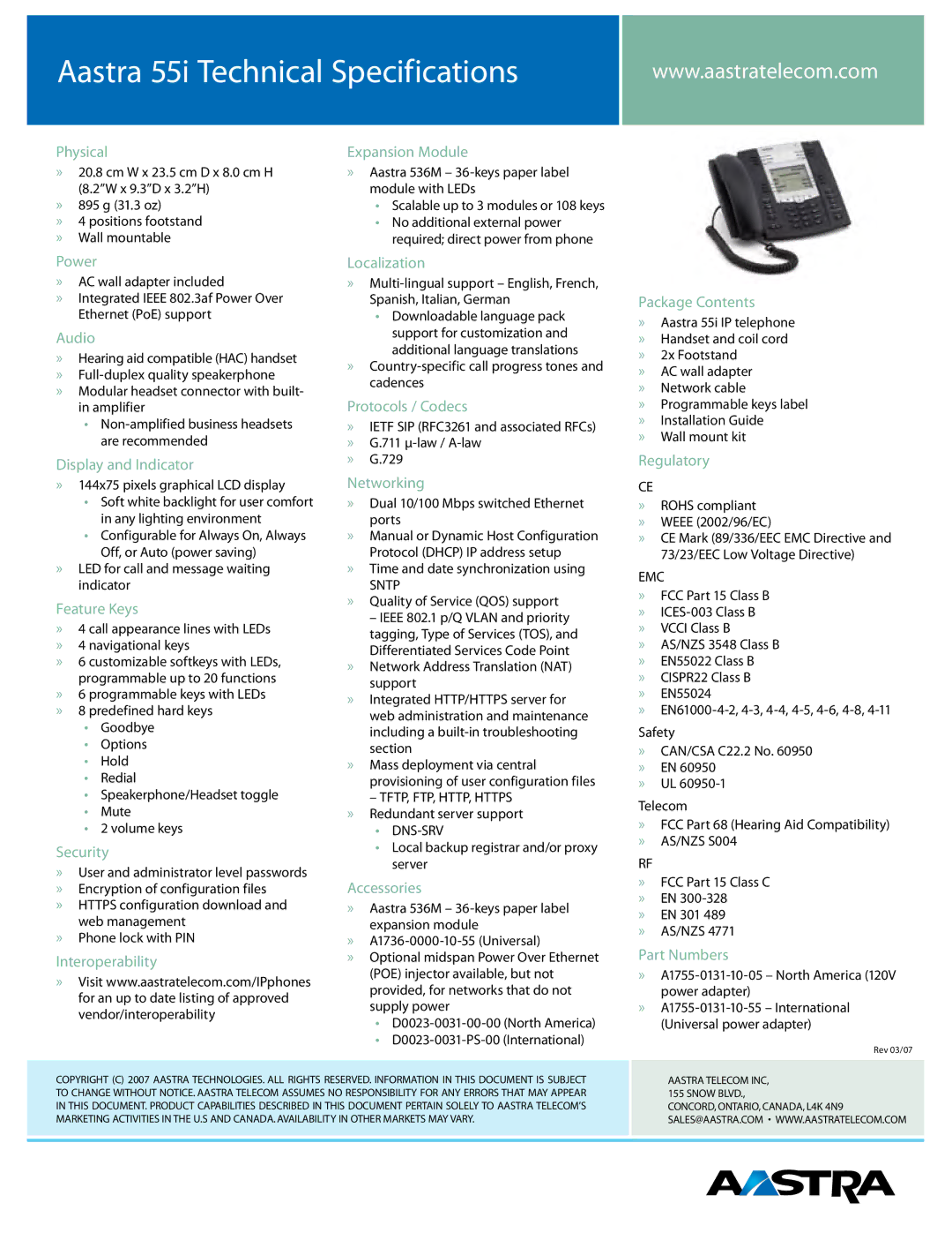 Aastra Telecom 55I Physical, Power, Audio, Display and Indicator, Feature Keys, Security, Localization, Protocols / Codecs 