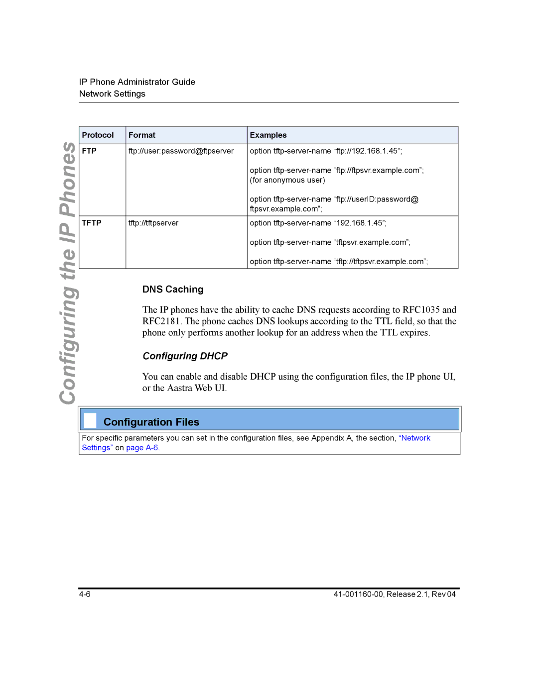 Aastra Telecom 57I CT, 55I, 53I manual DNS Caching, Configuring Dhcp 