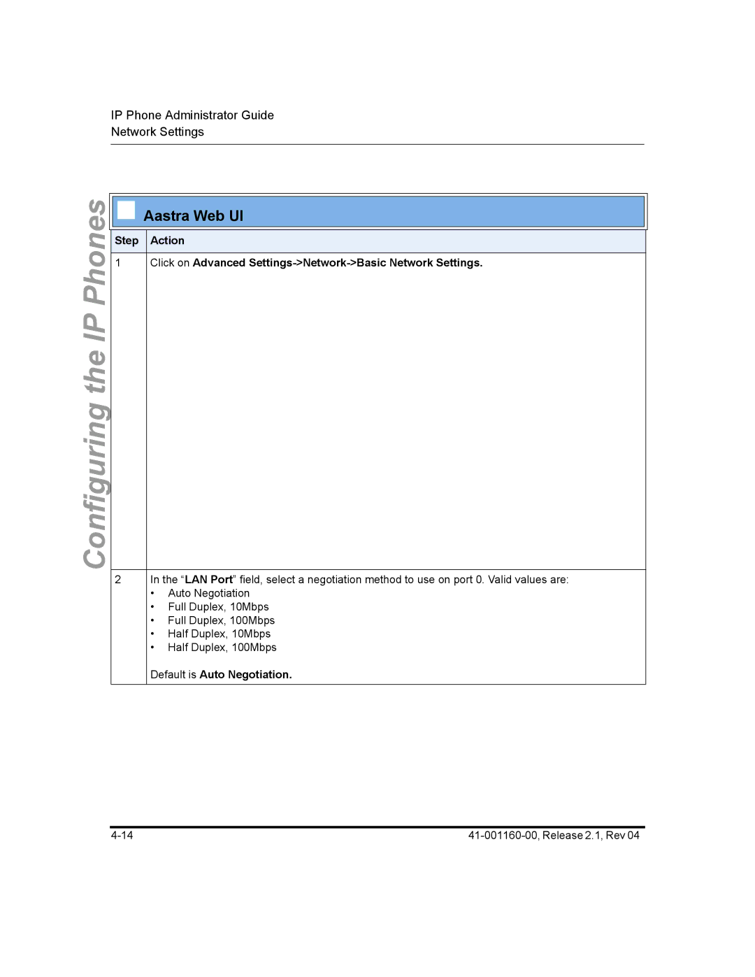 Aastra Telecom 57I CT, 55I, 53I manual Default is Auto Negotiation 