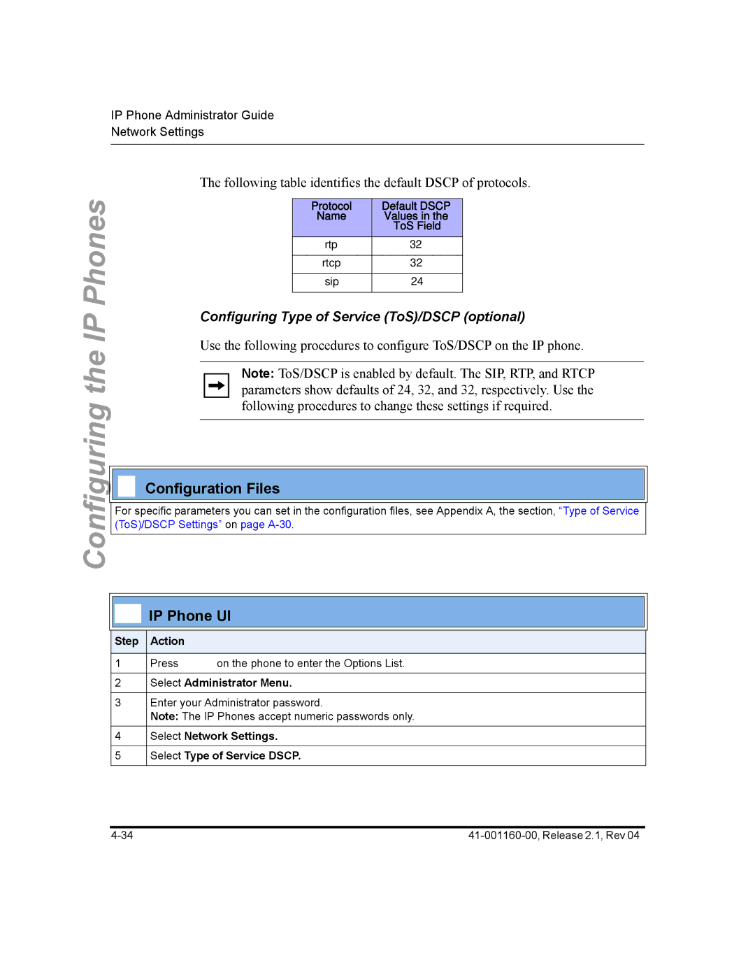 Aastra Telecom 57I CT Configuring Type of Service ToS/DSCP optional, Protocol Default Dscp Name, ToS Field, Rtp Rtcp 