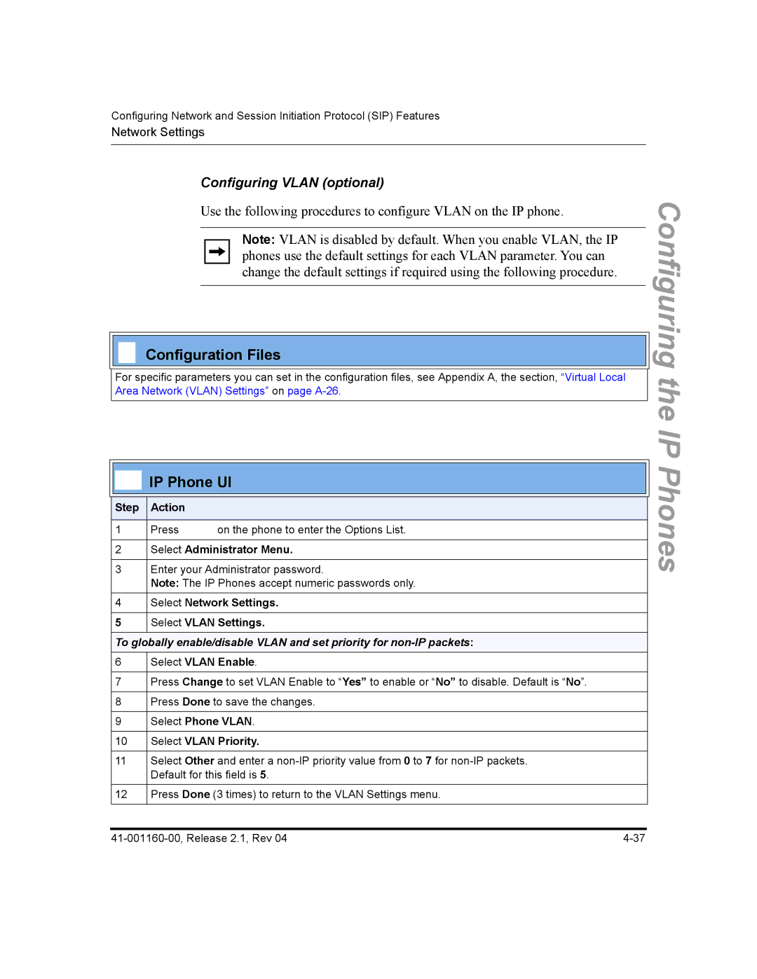 Aastra Telecom 55I, 57I CT, 53I Configuring Vlan optional, Select Network Settings Select Vlan Settings, Select Vlan Enable 