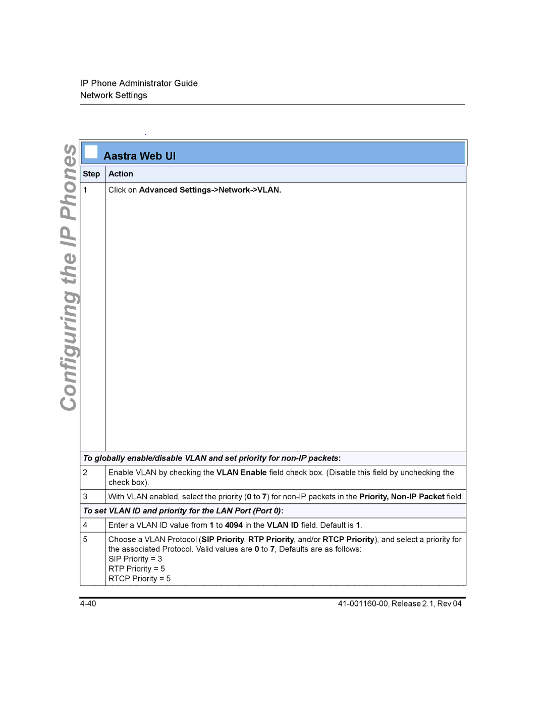 Aastra Telecom 57I CT, 55I, 53I manual Step Action Click on Advanced Settings-Network-VLAN 