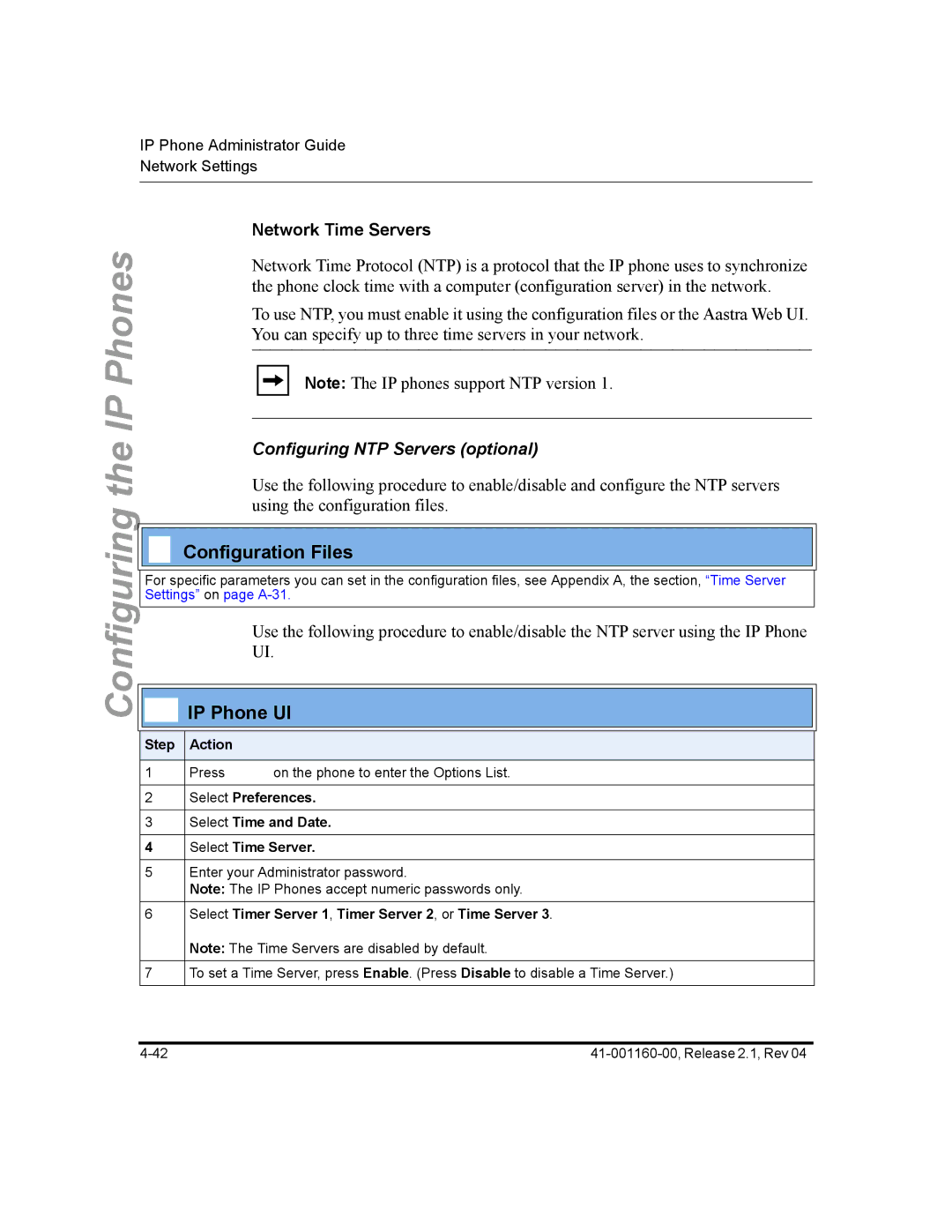 Aastra Telecom 57I CT, 55I, 53I manual Network Time Servers, Configuring NTP Servers optional 
