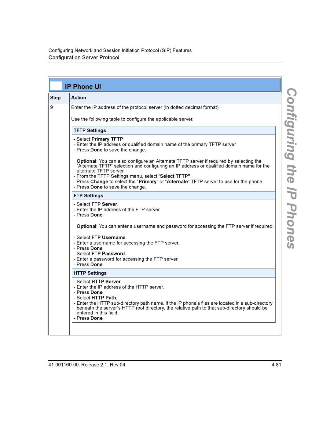 Aastra Telecom 55I, 57I CT Use the following table to configure the applicable server, Tftp Settings Select Primary Tftp 