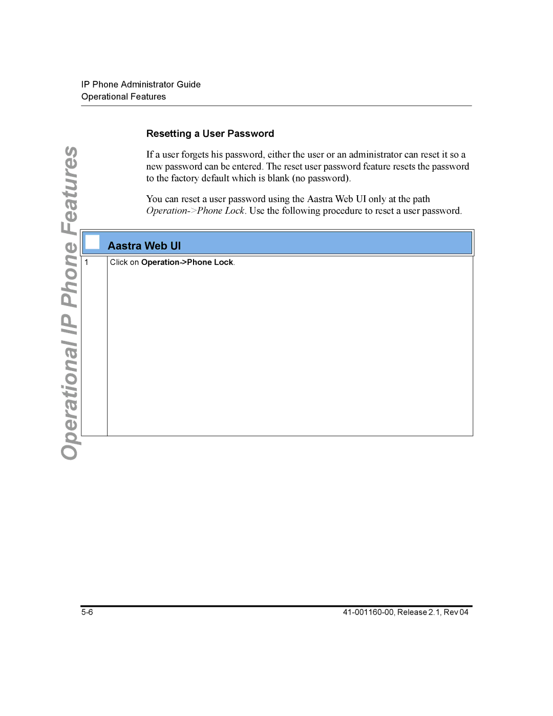 Aastra Telecom 57I CT, 55I, 53I manual Resetting a User Password, Click on Operation-Phone Lock 