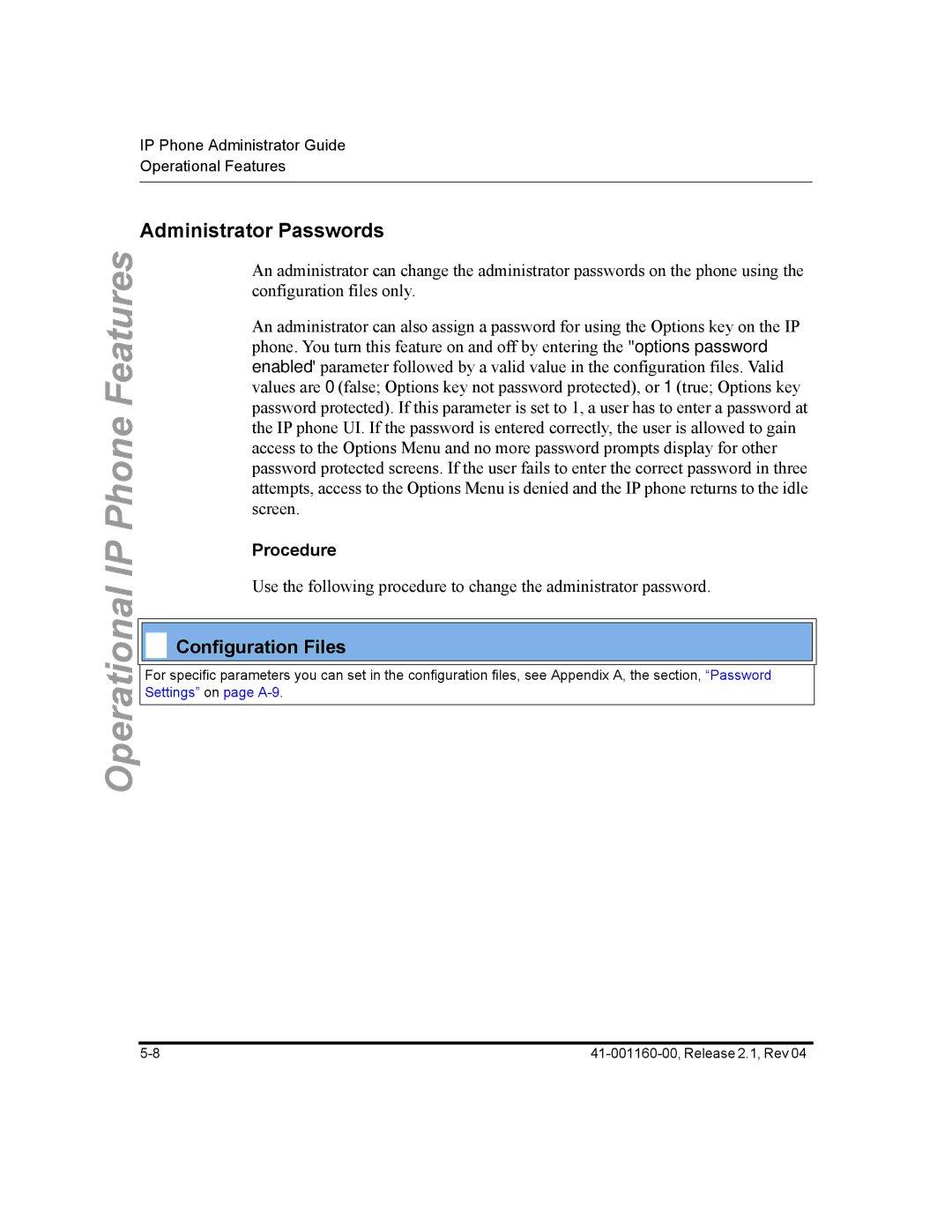 Aastra Telecom 57I CT, 55I, 53I manual Administrator Passwords, Procedure 