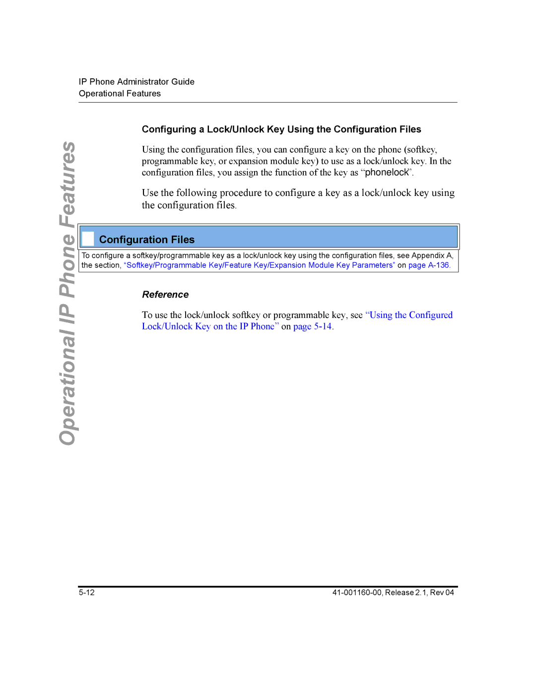 Aastra Telecom 57I CT, 55I, 53I manual Configuring a Lock/Unlock Key Using the Configuration Files, Reference 