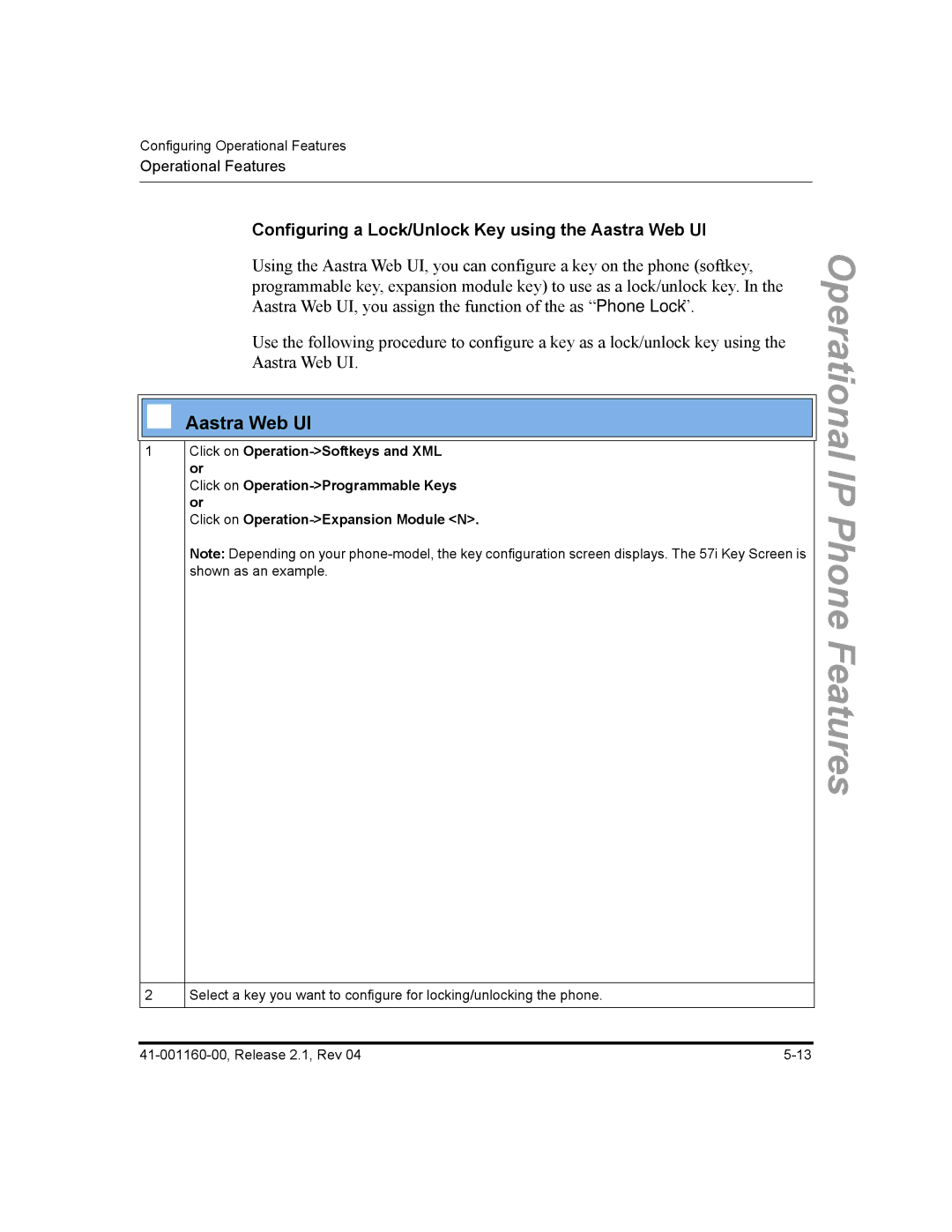 Aastra Telecom 53I, 57I CT, 55I Configuring a Lock/Unlock Key using the Aastra Web UI, Click on Operation-Softkeys and XML 