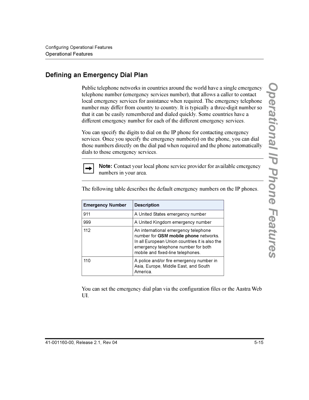 Aastra Telecom 55I, 57I CT, 53I manual Defining an Emergency Dial Plan, Emergency Number Description 