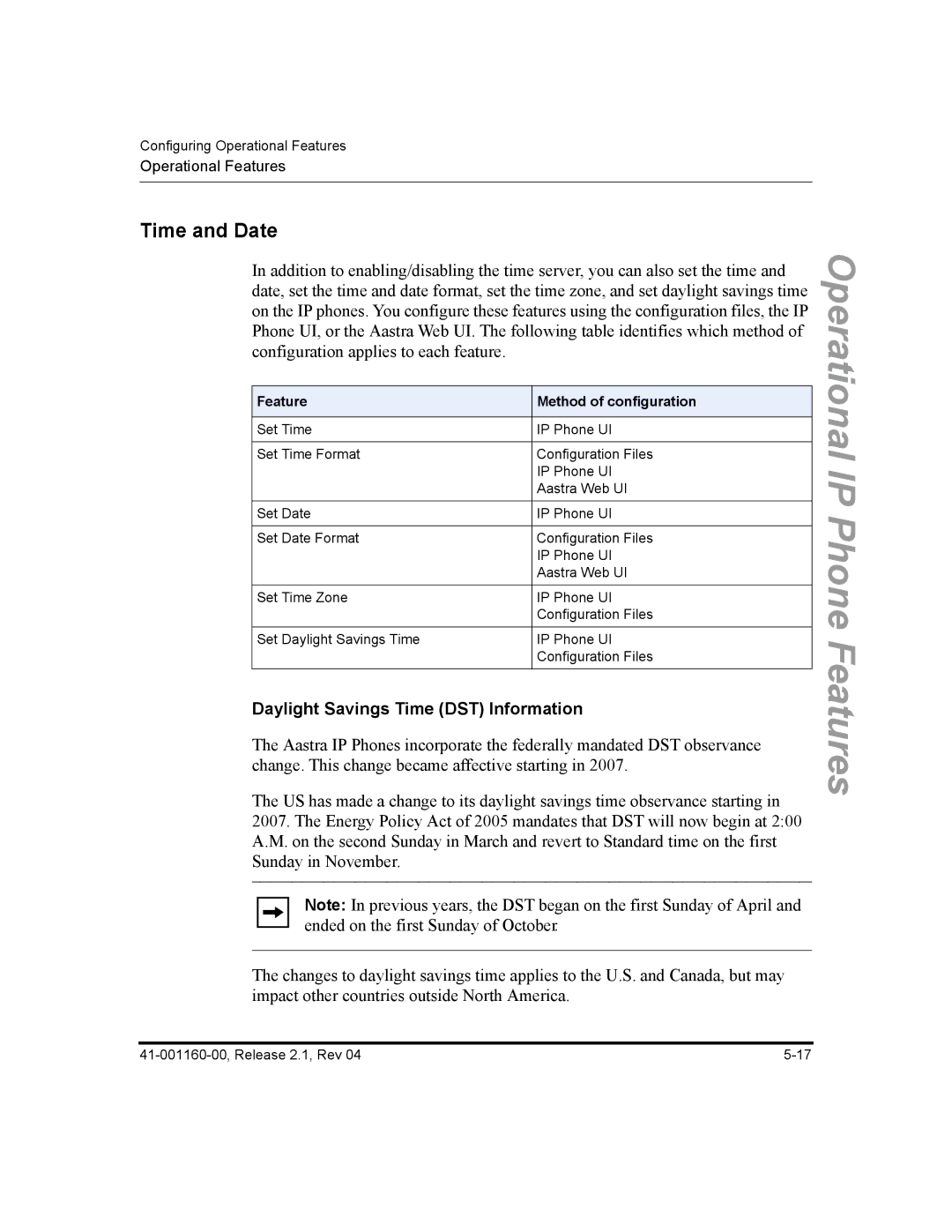 Aastra Telecom 53I, 57I CT, 55I manual Time and Date, Daylight Savings Time DST Information, Feature Method of configuration 