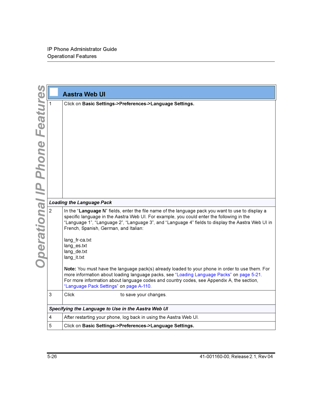 Aastra Telecom 57I CT, 55I, 53I manual Click on Basic Settings-Preferences-Language Settings, Loading the Language Pack 