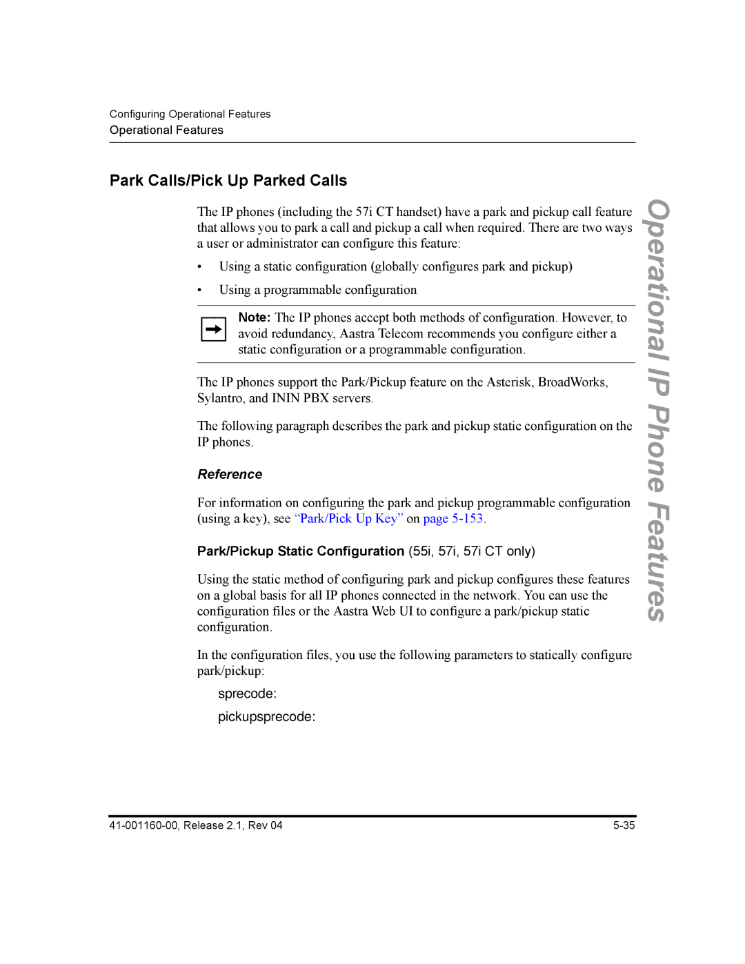 Aastra Telecom 55I, 57I CT, 53I Park Calls/Pick Up Parked Calls, Park/Pickup Static Configuration 55i, 57i, 57i CT only 