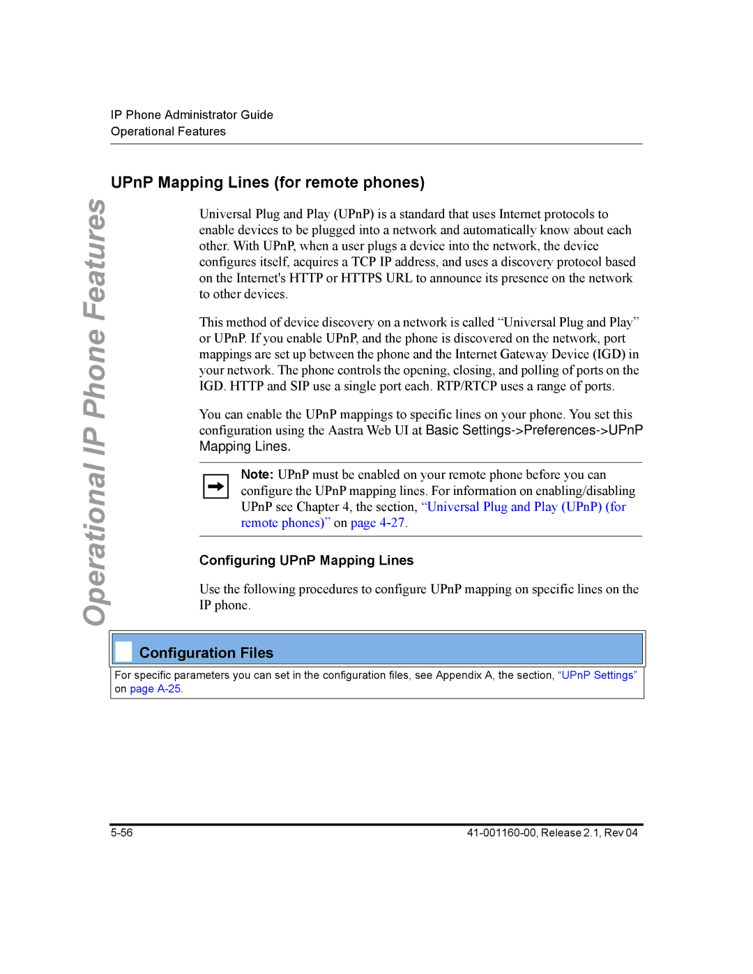 Aastra Telecom 57I CT, 55I, 53I manual UPnP Mapping Lines for remote phones, Configuring UPnP Mapping Lines 