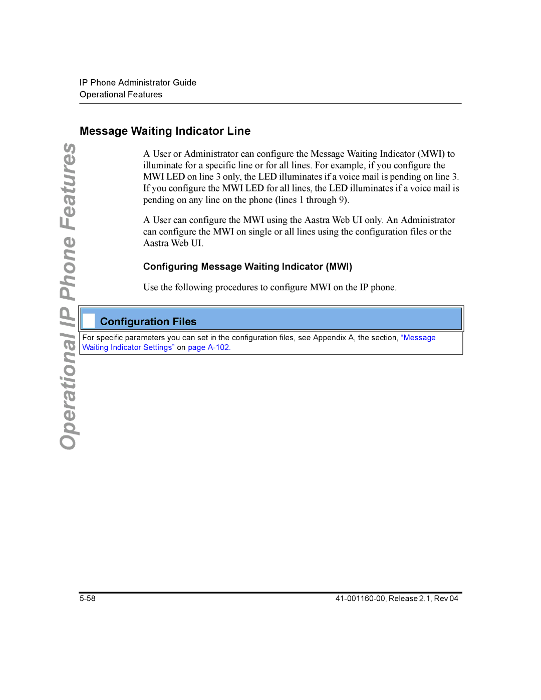 Aastra Telecom 57I CT, 55I, 53I manual Message Waiting Indicator Line, Configuring Message Waiting Indicator MWI 