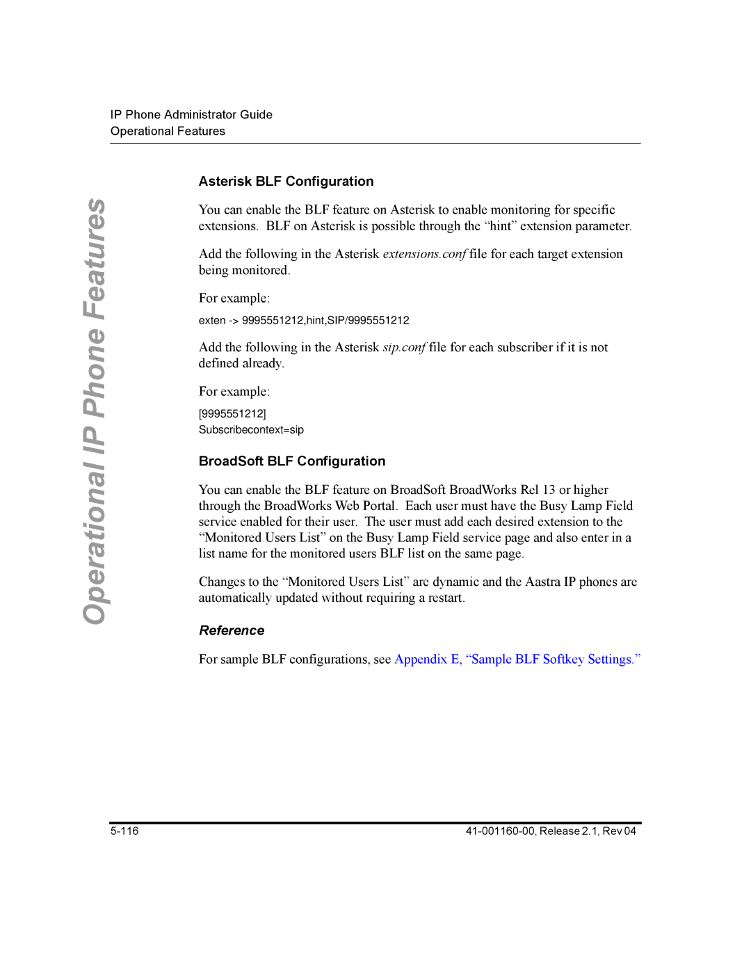 Aastra Telecom 57I CT, 55I, 53I manual Asterisk BLF Configuration, BroadSoft BLF Configuration 