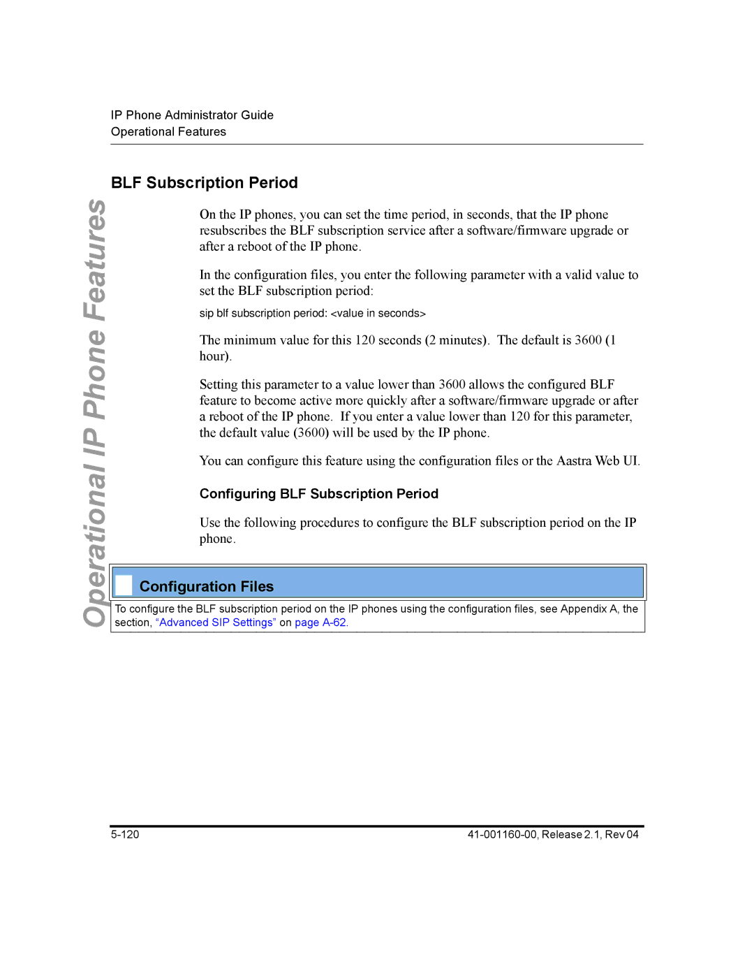 Aastra Telecom 57I CT, 55I, 53I manual Configuring BLF Subscription Period 