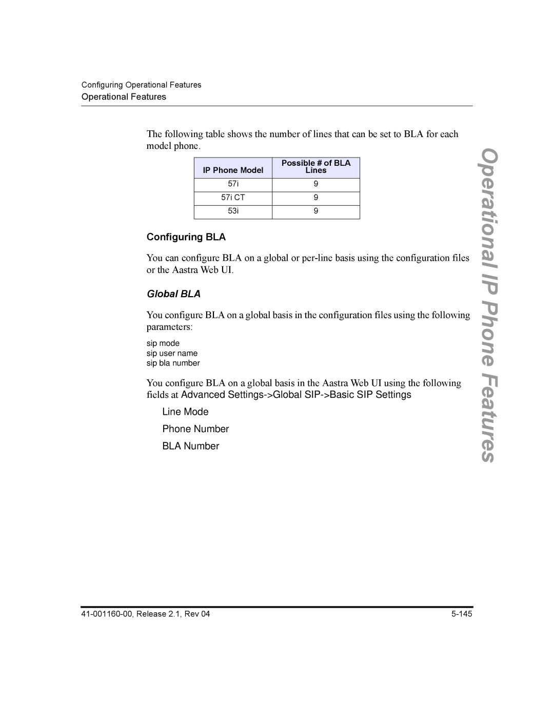 Aastra Telecom 53I Configuring BLA, Global BLA, Line Mode Phone Number BLA Number, IP Phone Model Possible # of BLA Lines 