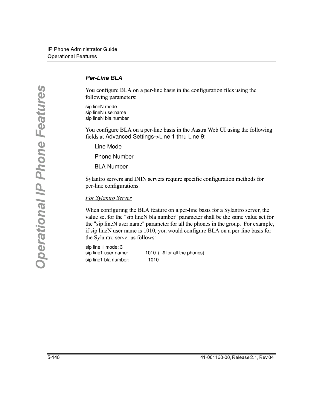 Aastra Telecom 57I CT, 55I, 53I manual Per-Line BLA, For Sylantro Server 