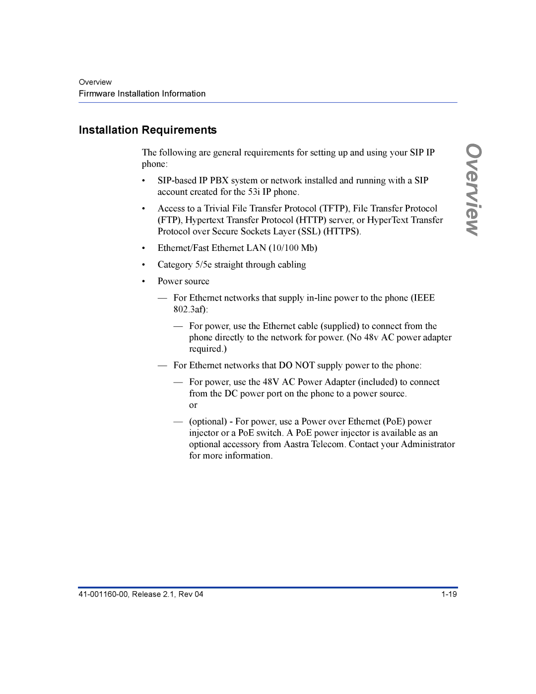 Aastra Telecom 55I, 57I CT, 53I manual Installation Requirements 