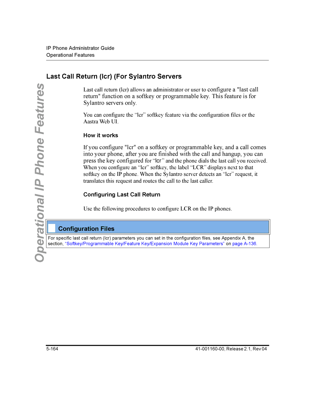 Aastra Telecom 57I CT, 55I, 53I manual Last Call Return lcr For Sylantro Servers, Configuring Last Call Return 