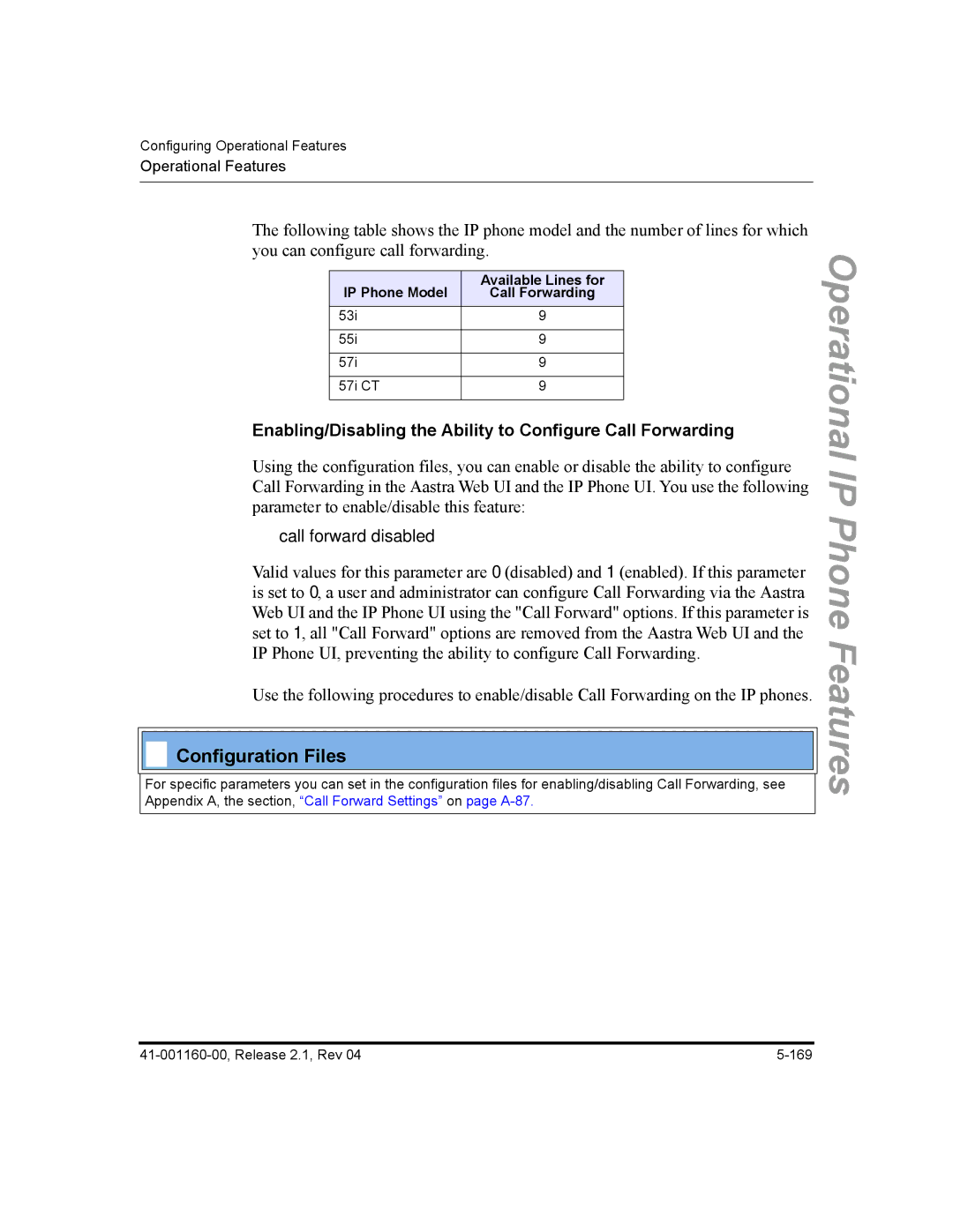 Aastra Telecom 53I, 57I CT, 55I manual Enabling/Disabling the Ability to Configure Call Forwarding, Call forward disabled 