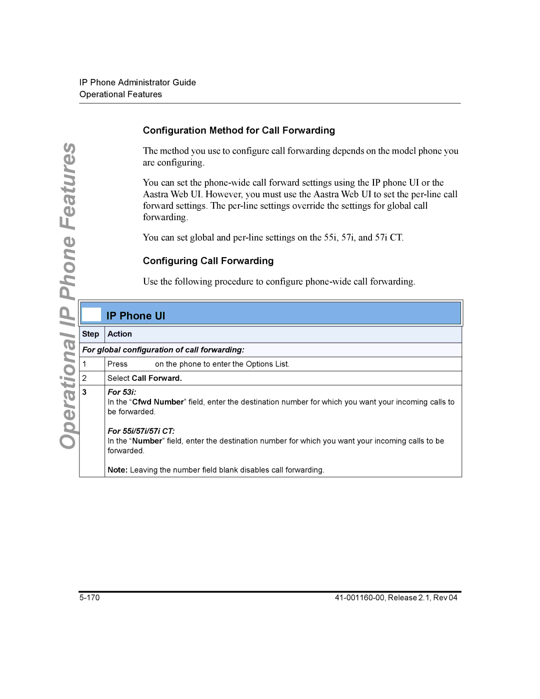 Aastra Telecom 57I CT, 55I, 53I Configuration Method for Call Forwarding, Configuring Call Forwarding, Select Call Forward 