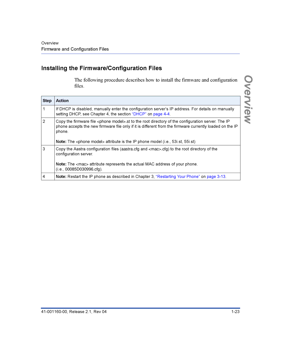 Aastra Telecom 55I, 57I CT, 53I manual Installing the Firmware/Configuration Files, Step Action 