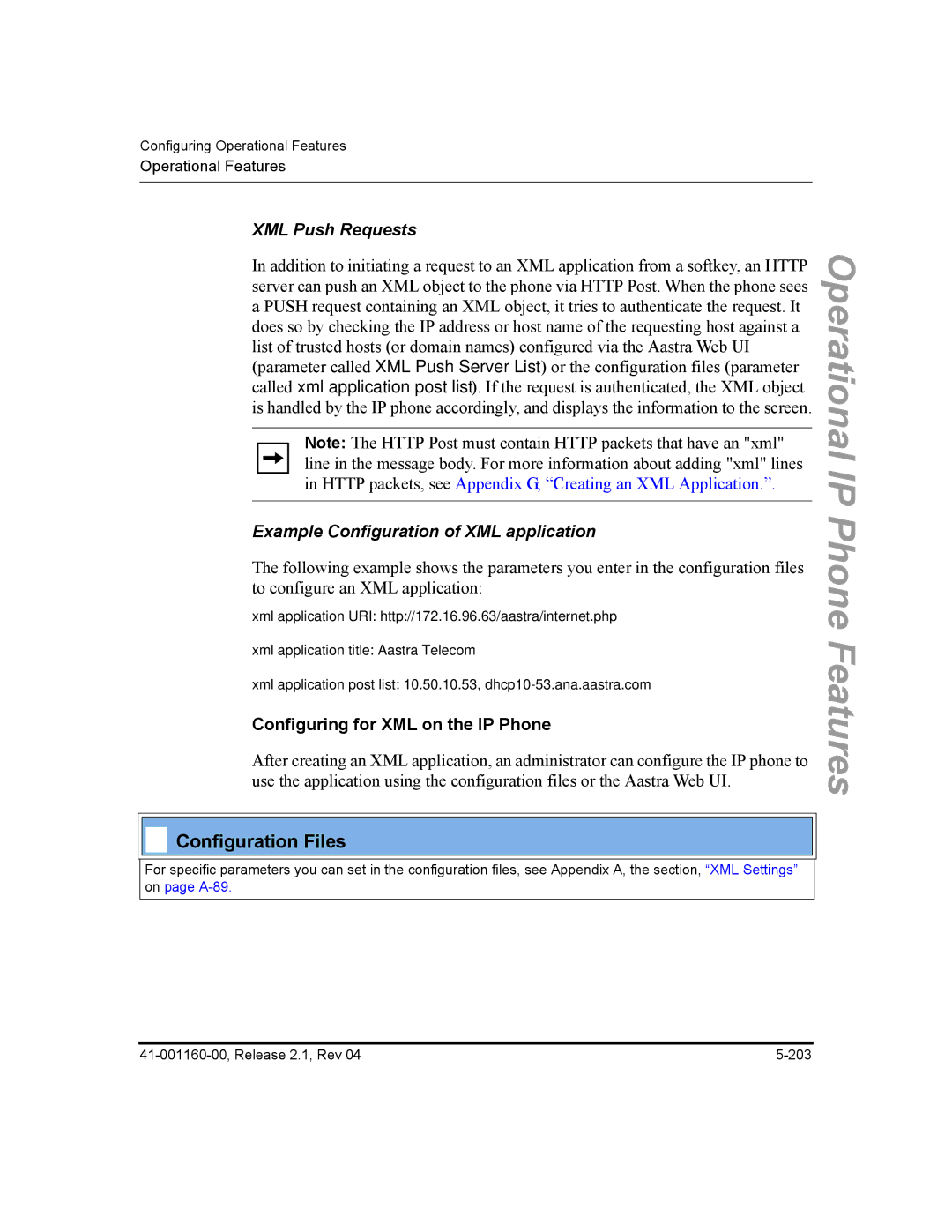 Aastra Telecom 55I, 57I XML Push Requests, Example Configuration of XML application, Configuring for XML on the IP Phone 