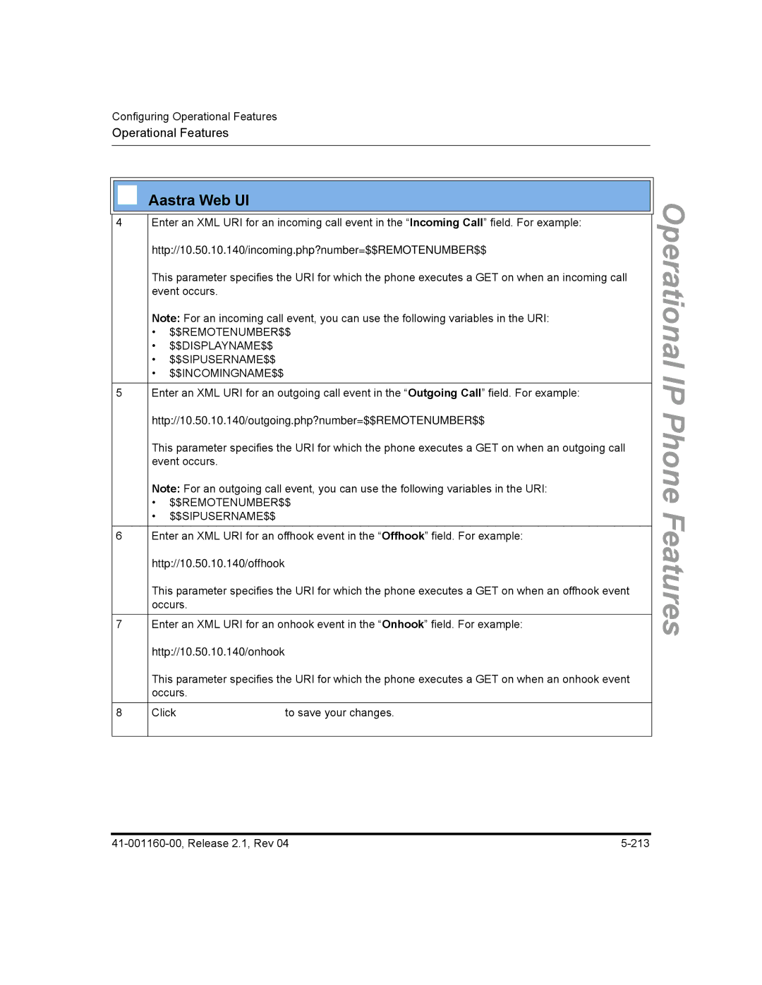 Aastra Telecom 53I, 57I CT, 55I manual Http//10.50.10.140/outgoing.php?number=$$REMOTENUMBER$$ 